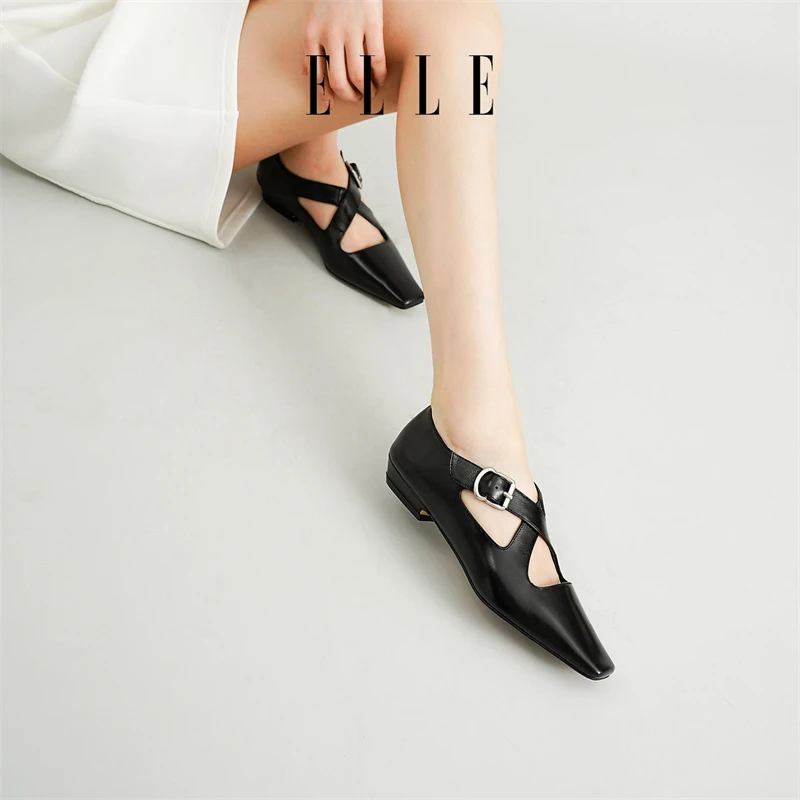 ELLE夏季芭蕾鞋尖头2025新款法式气质绑带百搭黑色单鞋低跟女鞋