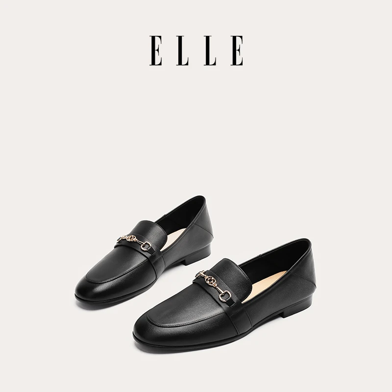 ELLE英伦风乐福鞋女2025春秋季软底一脚蹬百搭马衔扣低跟撞色单鞋
