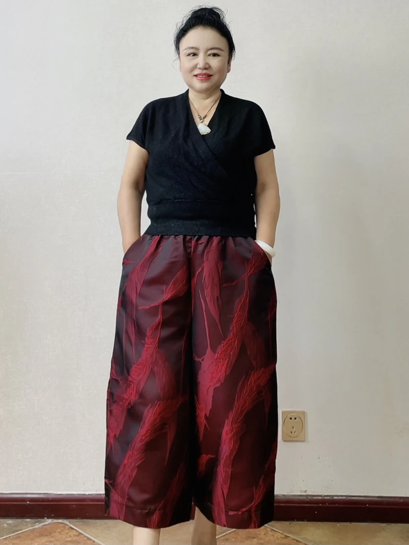 2酒红色款时尚大方宽松大码女装七分阔腿裤提花红色松紧腰民族风
