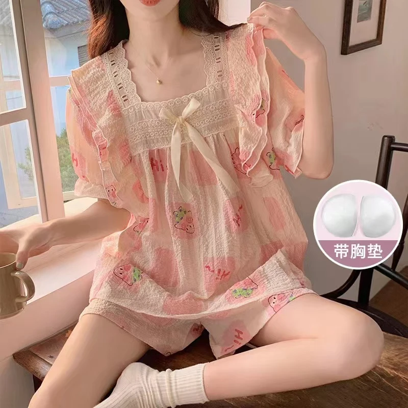带胸垫 网红夏天睡衣女套装宫廷风蕾丝夏季女士甜美ins家居服套装