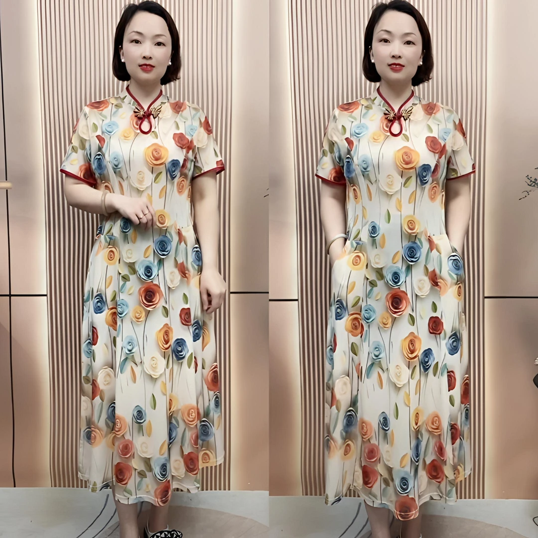 优美改良旗袍连衣裙中国风夏季短袖盘扣复古印花优雅莫奈花园风