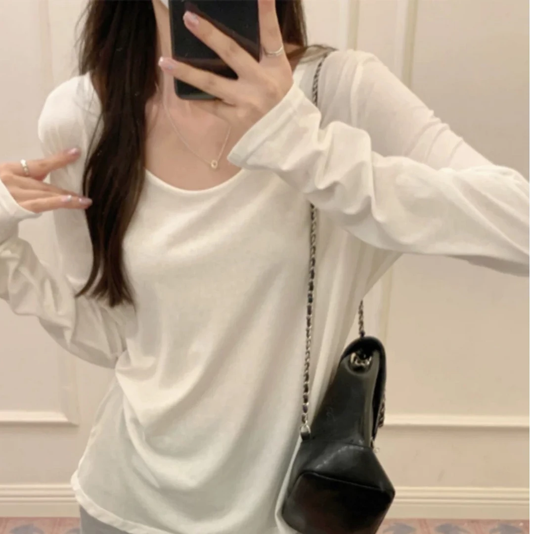 正肩白色打底衫女秋冬2025新款慵懒内搭长袖t恤宽松chic大u领上衣