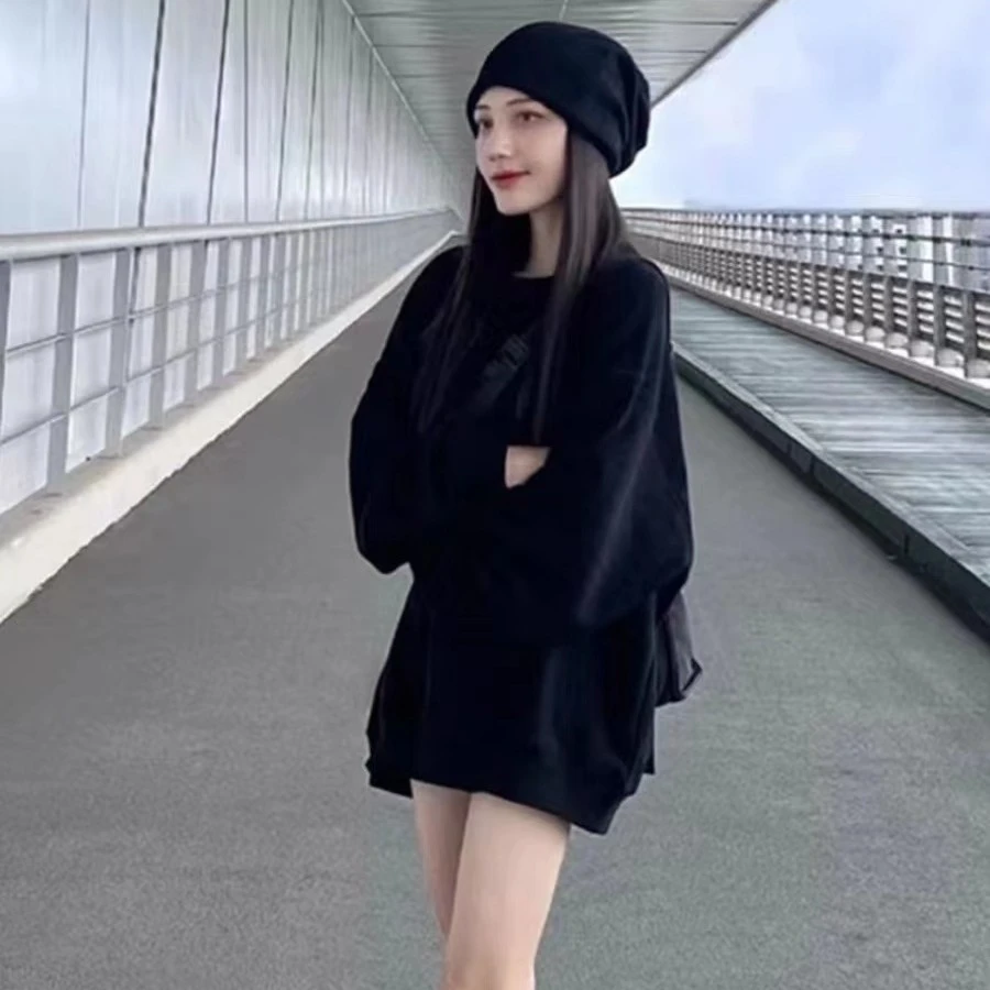 黑色女显瘦休闲外穿oversize加绒加厚中长款套头温婉风上衣白色