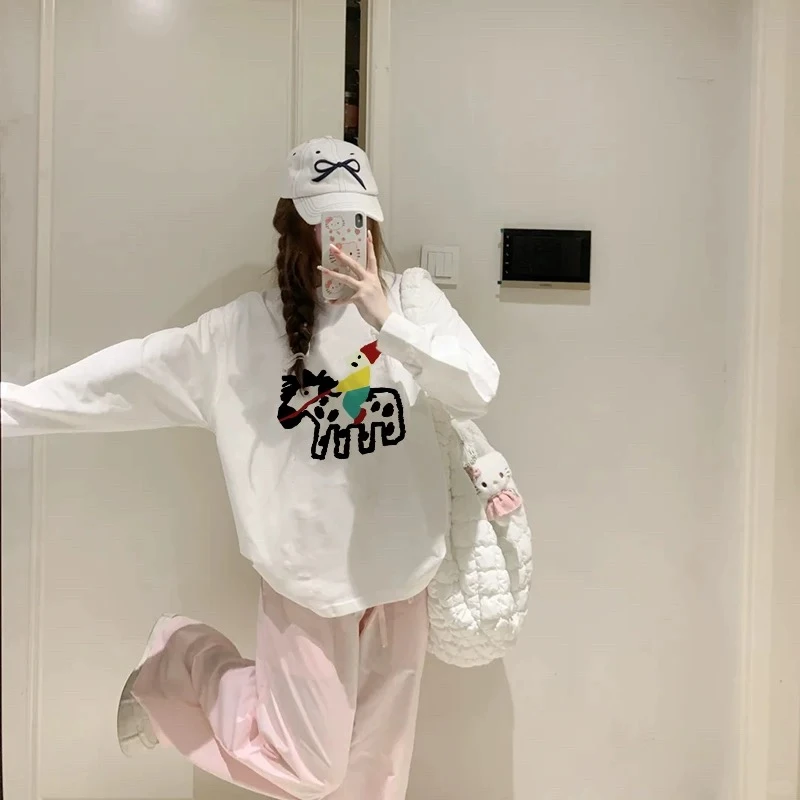 时尚宽松学院风T恤学生长袖休闲ins套装白色春秋印花人物运动