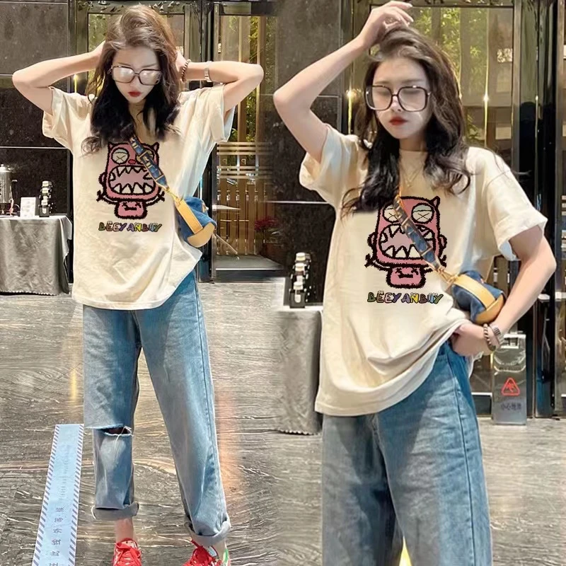 胖mm遮肚上衣藏肉美式复古短袖t恤女装夏季纯棉宽松大码炸街显瘦