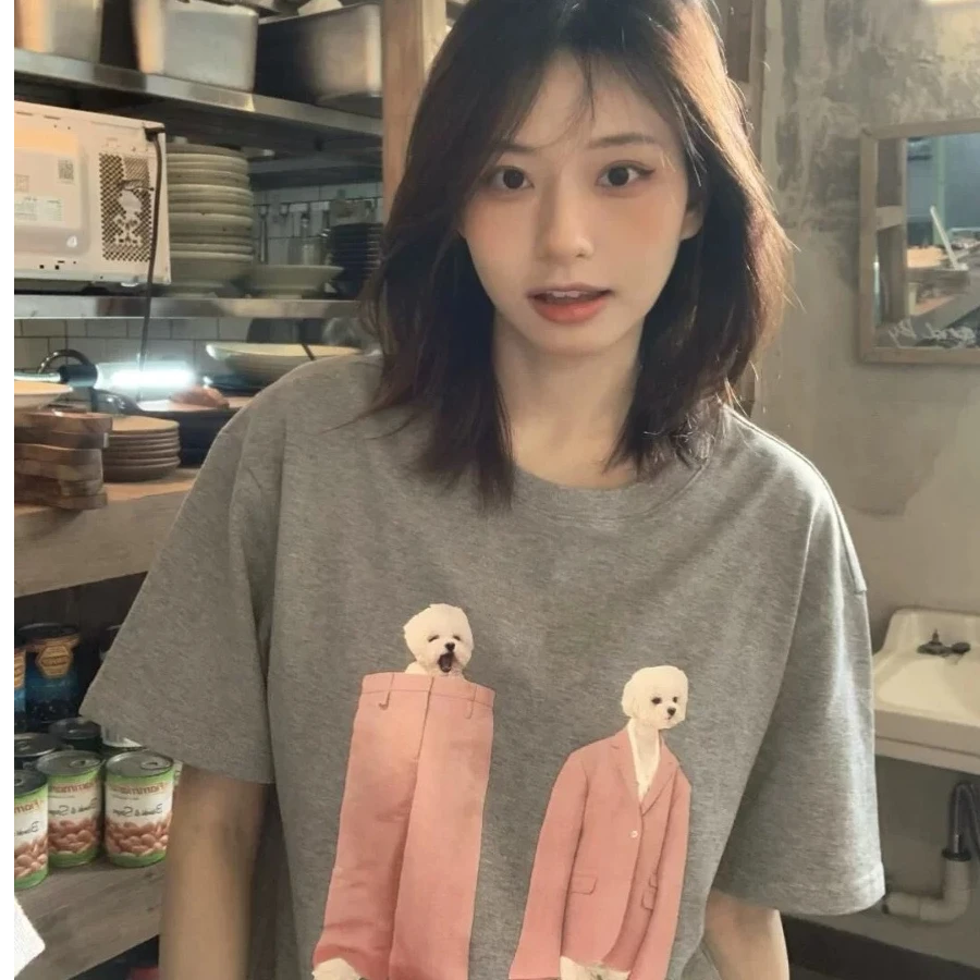 韩系chic灰色纯棉短袖宽松T恤女2024夏季新款宽松半袖大码上衣潮