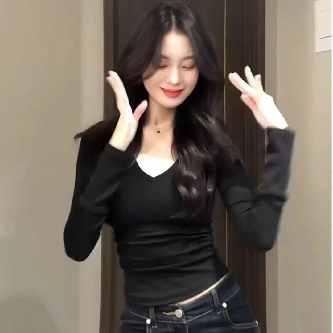 黑色v领正肩长袖t恤女春秋冬2025新款内搭打底衫修身收腰辣妹上衣