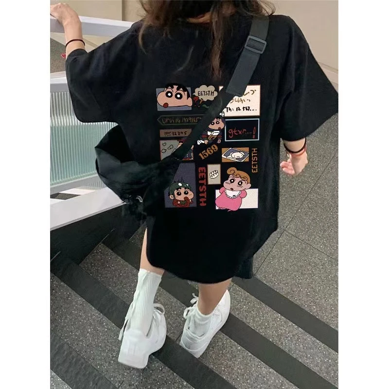 黑色卡通纯棉短袖T恤女2025新款春夏季宽松oversize大码半袖上衣