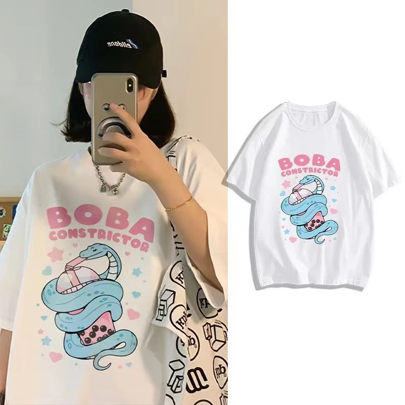 可爱纯棉短袖t恤女夏宽松减龄慵懒学院风情侣小众设计感大码上衣