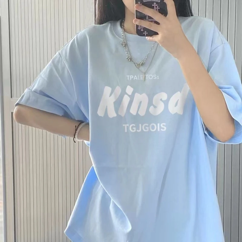 奶蓝色美式oversize短袖t恤女2025夏季纯棉宽松美式复古小众上衣