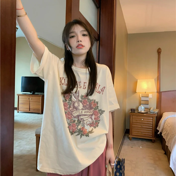 美式慵懒风复古玫瑰印花短袖T恤早春小众半袖ins设计感宽松休闲T