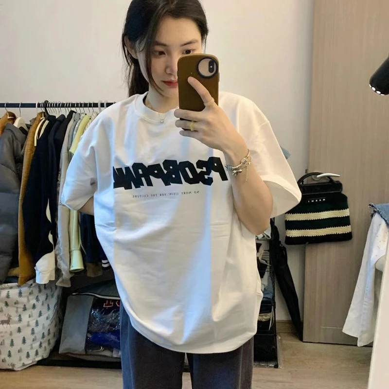 夏季hiphop高街创意字母印花纯棉短袖T恤女宽松中性风圆领上衣ins