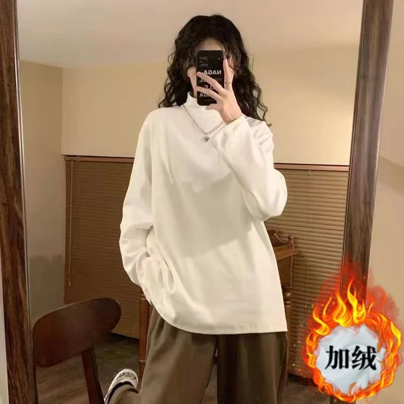 德绒白色半高领打底衫女秋冬季卫衣叠穿内搭宽松加绒长袖t恤上衣