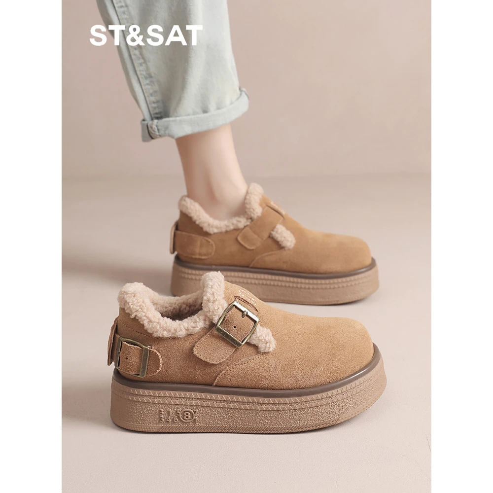 星期六/ST SAT厚底加绒勃肯鞋女款2024秋冬天新款一脚蹬毛毛棉鞋