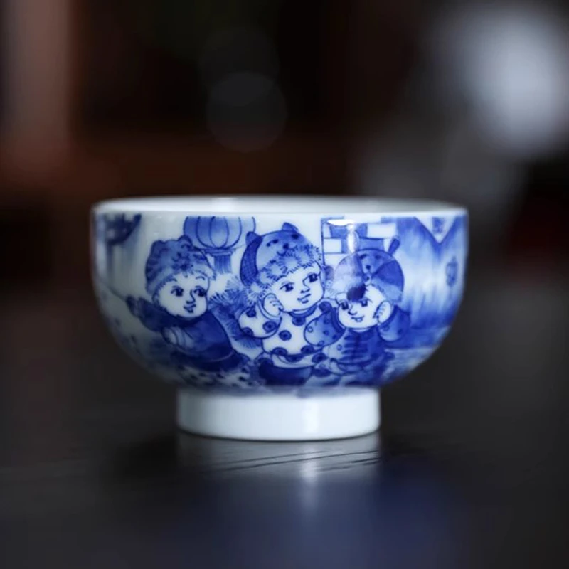 景德镇手绘青花童子圆融杯婴戏图品茗杯陶瓷主人杯单杯功夫茶杯