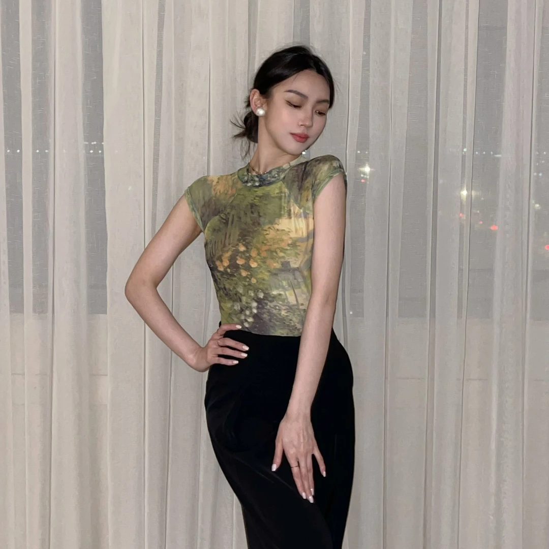 鲸艺烁拉丁舞摩登舞花色网纱带胸垫连体上衣显瘦百搭