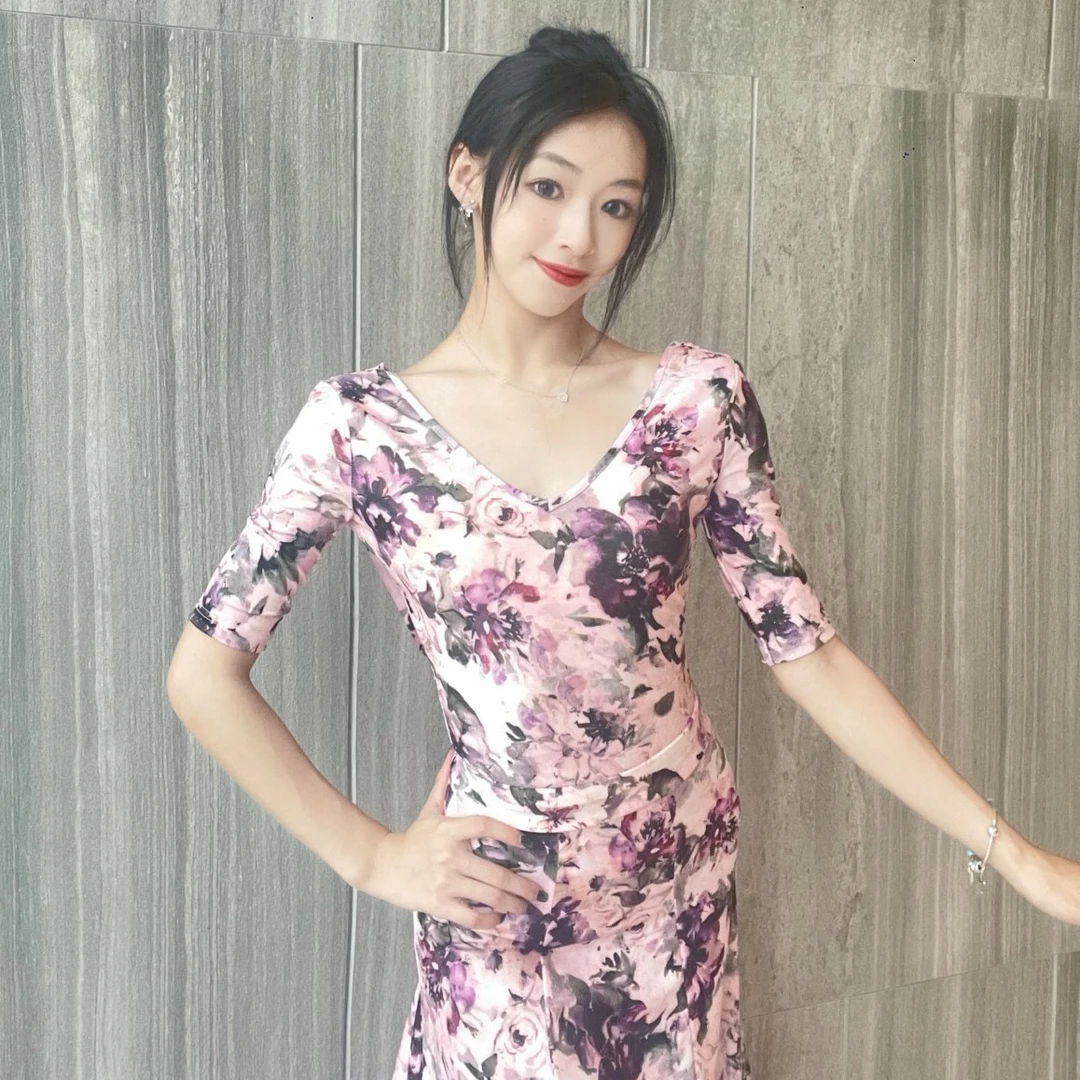 鲸艺舞服国标舞摩登舞服性感印花修身分体套装中袖