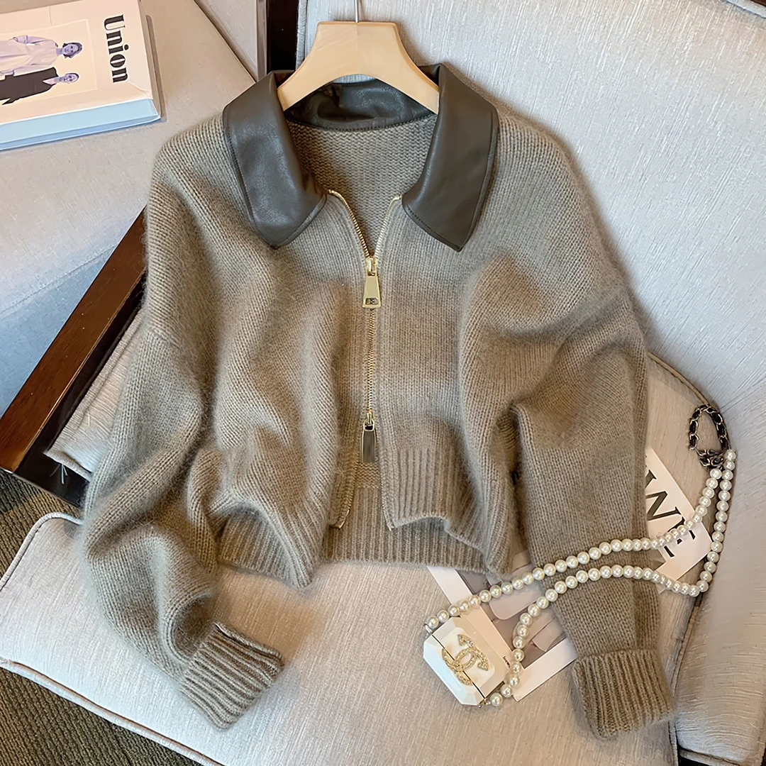 高级感小众黑色拼皮领拉链针织外套女秋时尚宽松气质短款毛衣开衫