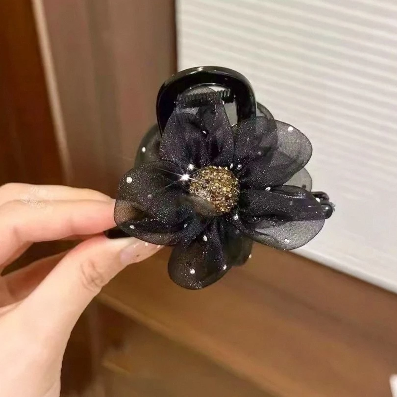 精致网纱水钻花朵抓夹女气质鲨鱼夹高级感半扎发夹头饰丸子头发卡