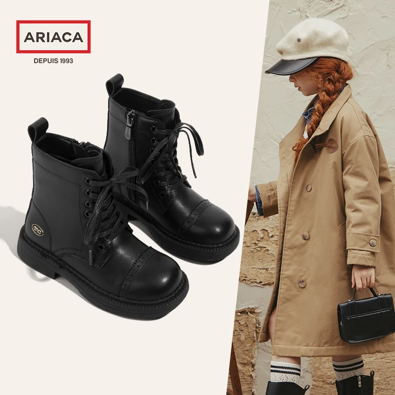 ARIACA艾芮苏女童马丁靴童鞋秋冬季新款黑色英伦真皮靴子儿童皮靴