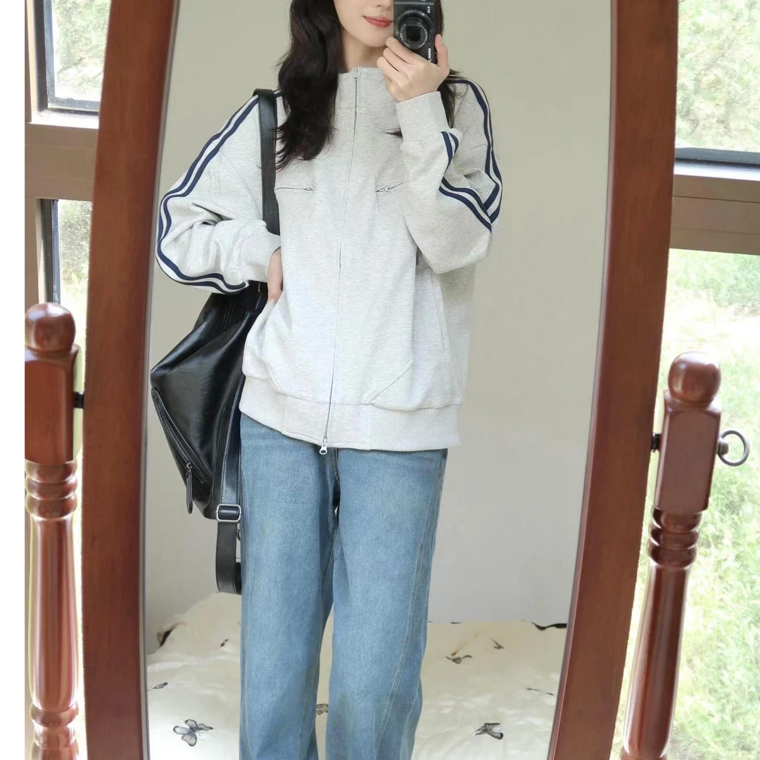 灰色卫衣外套女春秋款美式潮牌设计感条纹开衫运动百搭夹克上衣潮