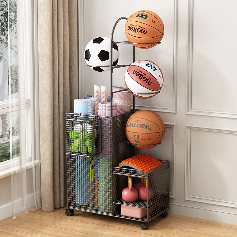 篮球收纳架家用运动健身器材置物架羽毛球类瑜伽垫哑铃收纳筐带轮