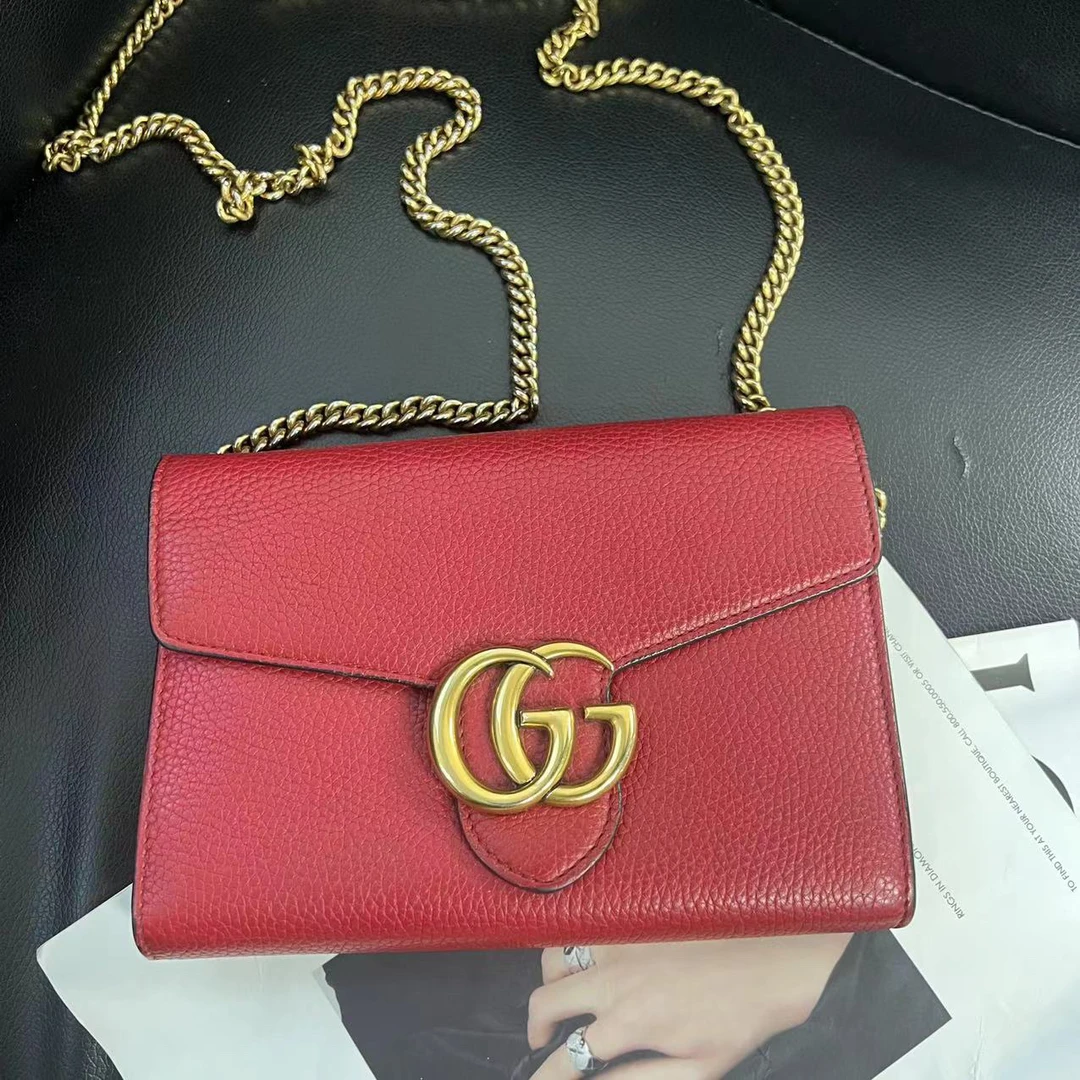 95新 GUCCI/古驰 捐金沉珠/红色链条包