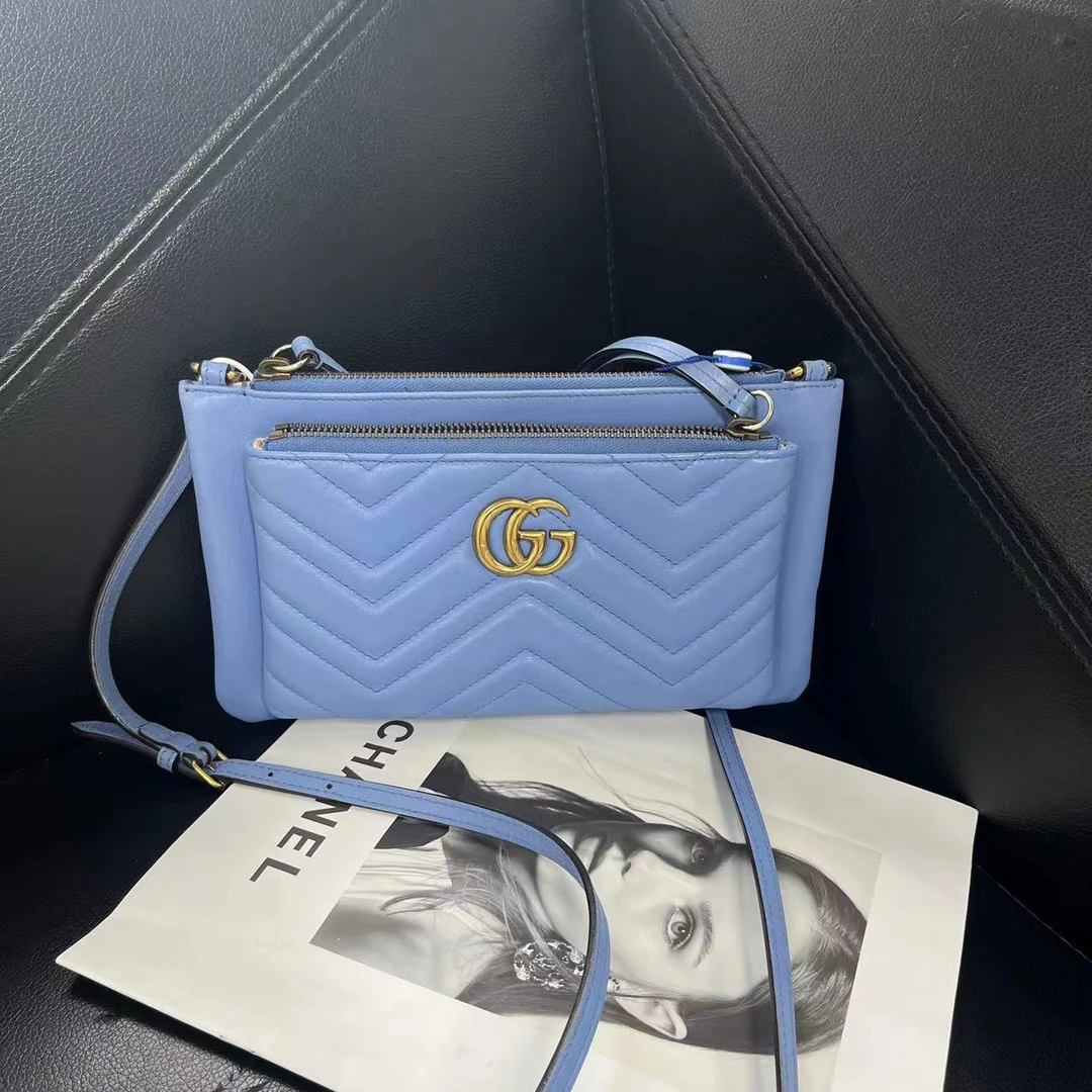 95新 GUCCI/古驰 捐金沉珠/蓝色马蒙信封