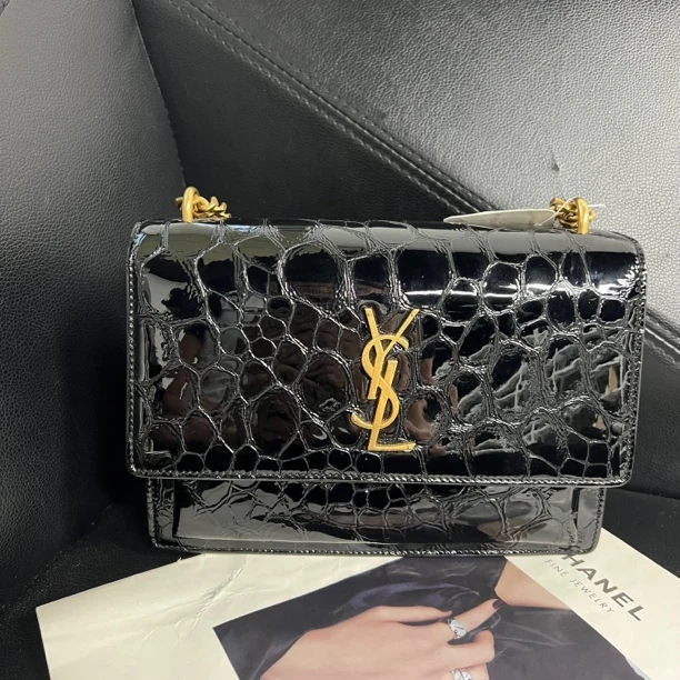 95新 YSL/圣罗兰 捐金沉珠/黑金漆皮日落包