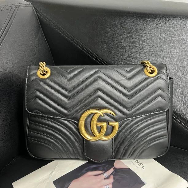 95新 GUCCI/古驰 捐金沉珠/黑金马蒙30单肩