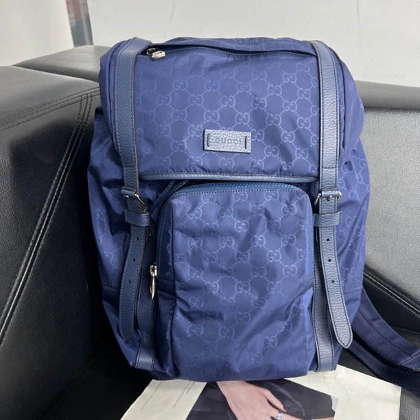 95新 GUCCI/古驰 捐金沉珠/尼龙双肩包蓝色