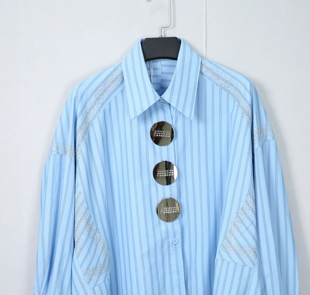 【吴姐定制】T796 时尚宽松烫钻条纹工装衬衣17#