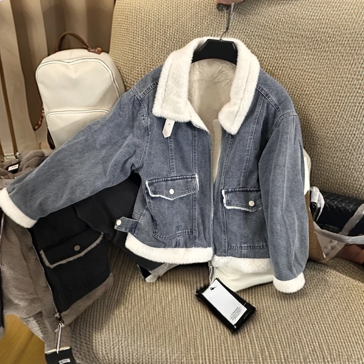 【吴姐定制】99153冬季加绒加厚韩版百搭毛毛牛仔外套