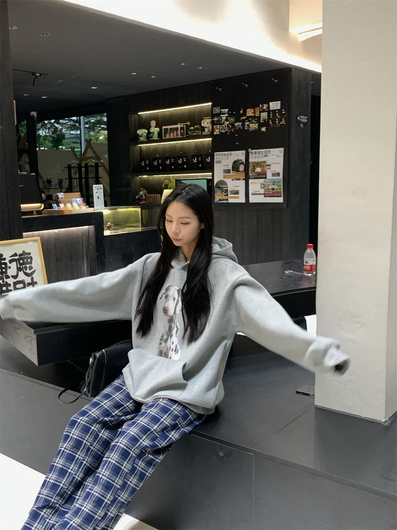 Run青青 藏青格子花边休闲裤女秋新款磨毛设计宽松阔腿裤