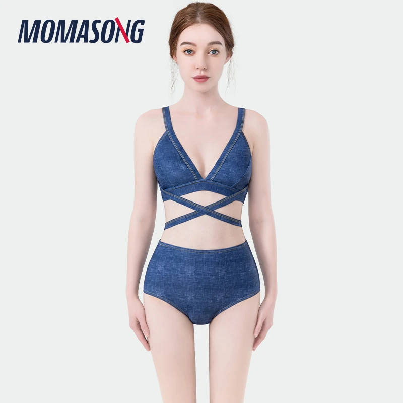 Momasong游泳衣女分体新款牛仔网红时尚高级感温泉度假性感比基尼