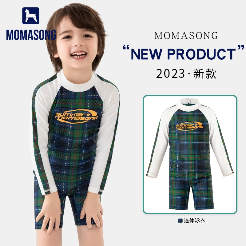 Momasong儿童男童游泳衣连体长袖平角男孩宝宝中小童防晒训练泳装