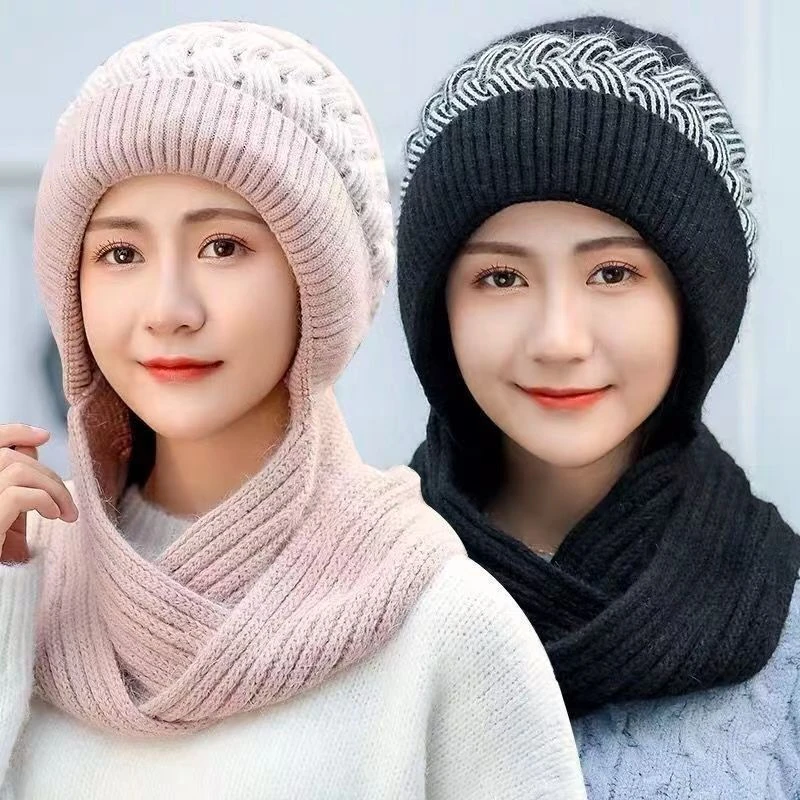 新款冬季连体针织帽女加厚风雪帽子围巾一体护耳毛线帽保暖帽加绒