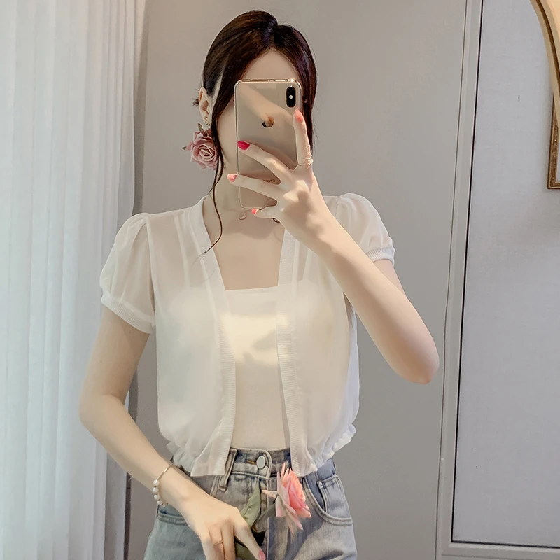 冰丝雪纺白色防晒开衫女短袖小披肩夏季薄款吊带裙子外搭短款外套