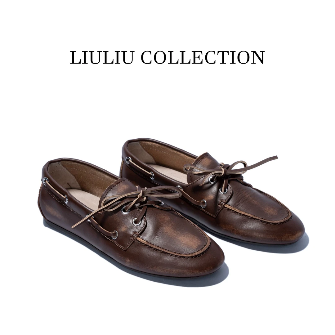 早秋新款复古擦色真皮乐福鞋女圆头一脚蹬平底单鞋做旧帆船鞋U20