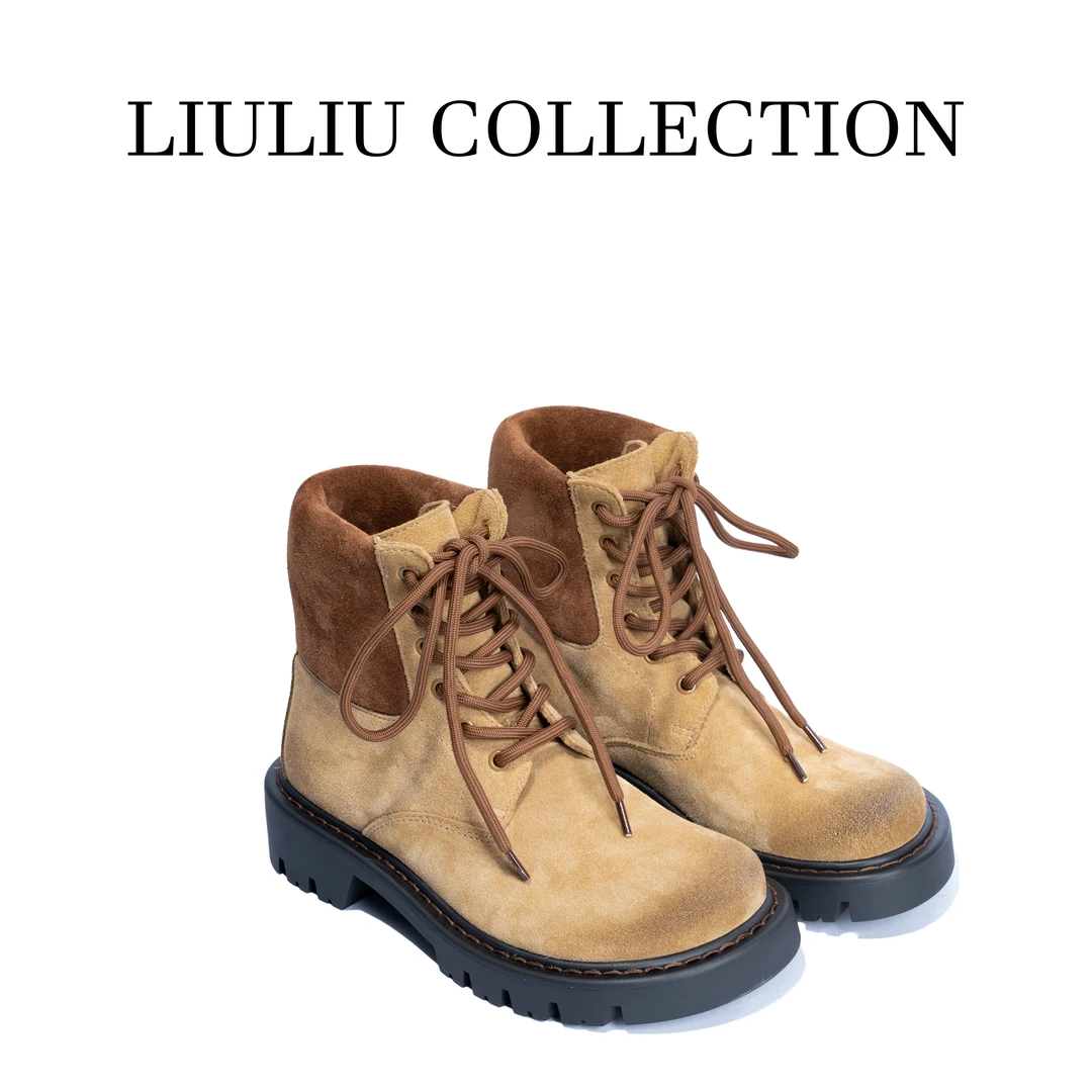 秋冬英伦风拼色厚底复古时尚美拉德休闲大黄靴牛皮短靴 4公分U107