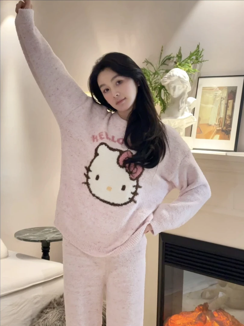 〈泡芙kitty〉毛茸茸睡衣少女珊瑚绒保暖可爱卡通长袖长裤家居服