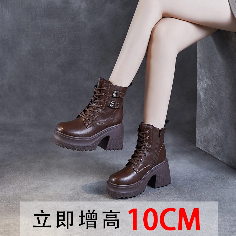 10cm真皮厚底马丁靴女英伦风单靴子秋冬靴子后拉链松糕底增高短靴