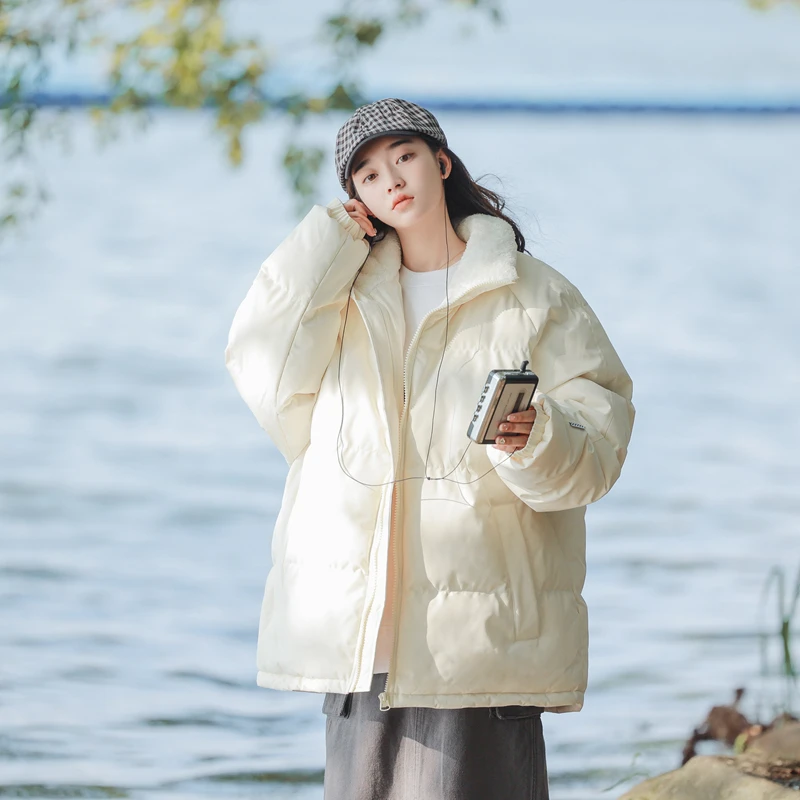 冬季简约立领棉服男女同款内里仿羊羔绒纯色加厚保暖棉衣W