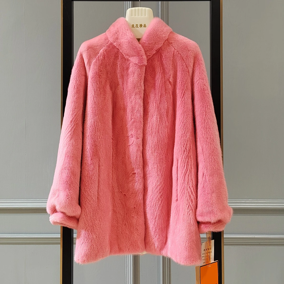 2024新款进口粉色立领简约中长款水貂外套（75cm）皮草