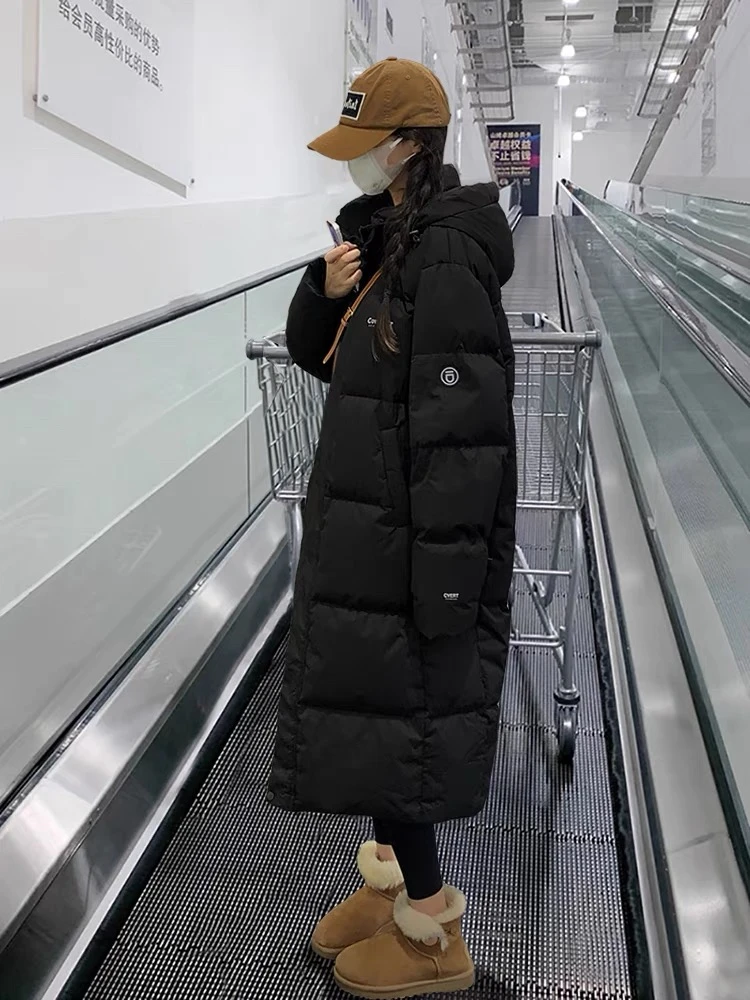 2024新款冬季黑色长款棉服女韩版ins宽松加厚长过膝连帽棉袄外套