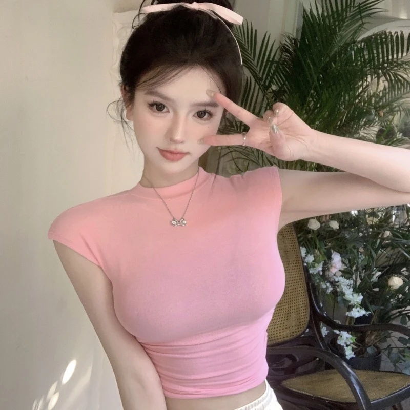 纯欲风半高领短袖T恤女夏季薄款修身显瘦紧身短款露脐打底衫上衣