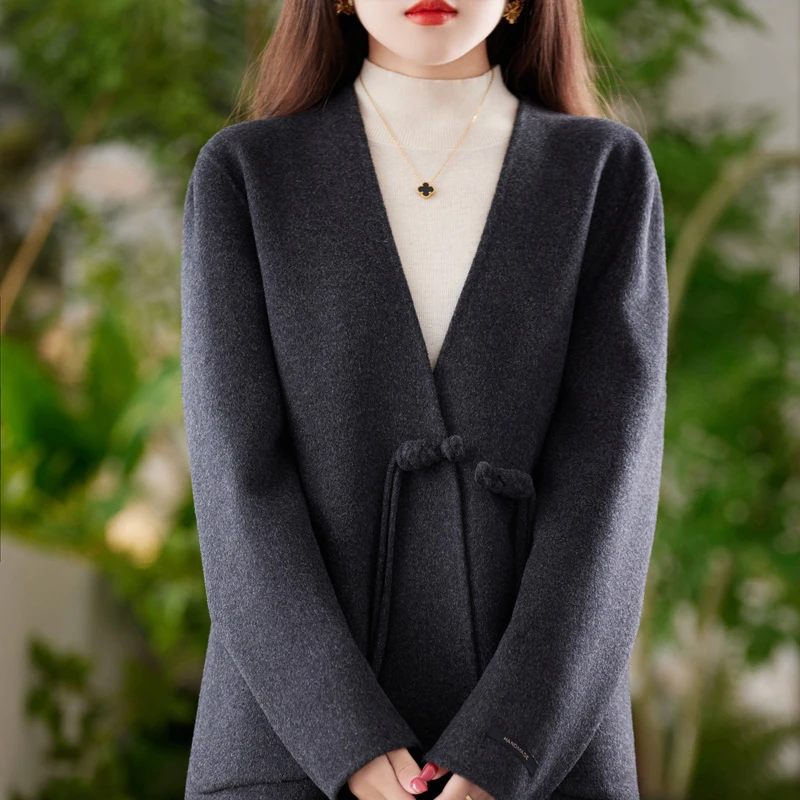 saiouni/赛欧妮823短款中国风长袖直下摆毛呢外套宽松双面气质