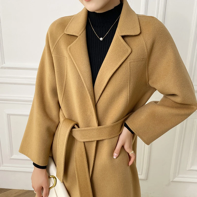 saiouni/赛欧妮2106高端双面羊毛大衣女新款系带羊毛呢子外套长款