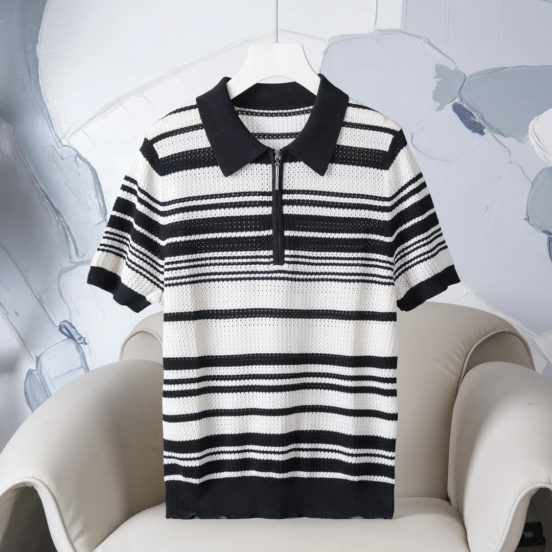 商场同款 白厂丝 镂空Polo领短袖气质条纹针织衫 24211