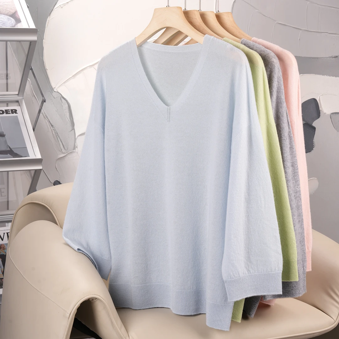 【精品长绒】羊绒七分袖女士V领短袖 YXSW24035